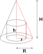 Kegel mit eingeschriebenem Zylinder, Radius und Höhe des Kegels: R, H, Radius und Höhe des Zylinders: r, h