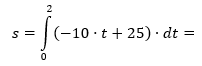 s = Integral(0..2)(-10*t + 25)*dt) =