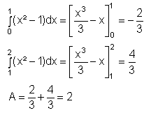 Integral(0..1)(x^2 - 1)*dx = ... = -2/3; Integral(1..2)(x^2 - 1)*dx = ... = 4/3; A = 2/3 + 4/3 = 2