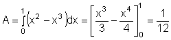 Integral(0..1)(x^2 - x^3)*dx = (x^3/3 - x^4/4)(0..1) = 1/12